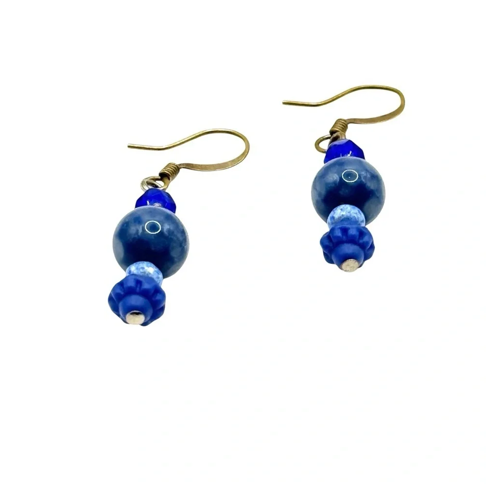 Lampwork Marbled Blue Glass Dangle Earrings | Sky Blue Beads Boho Artisan Style